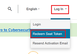 This image shows the Log In drop down menu and the Redeem Seat Token link.